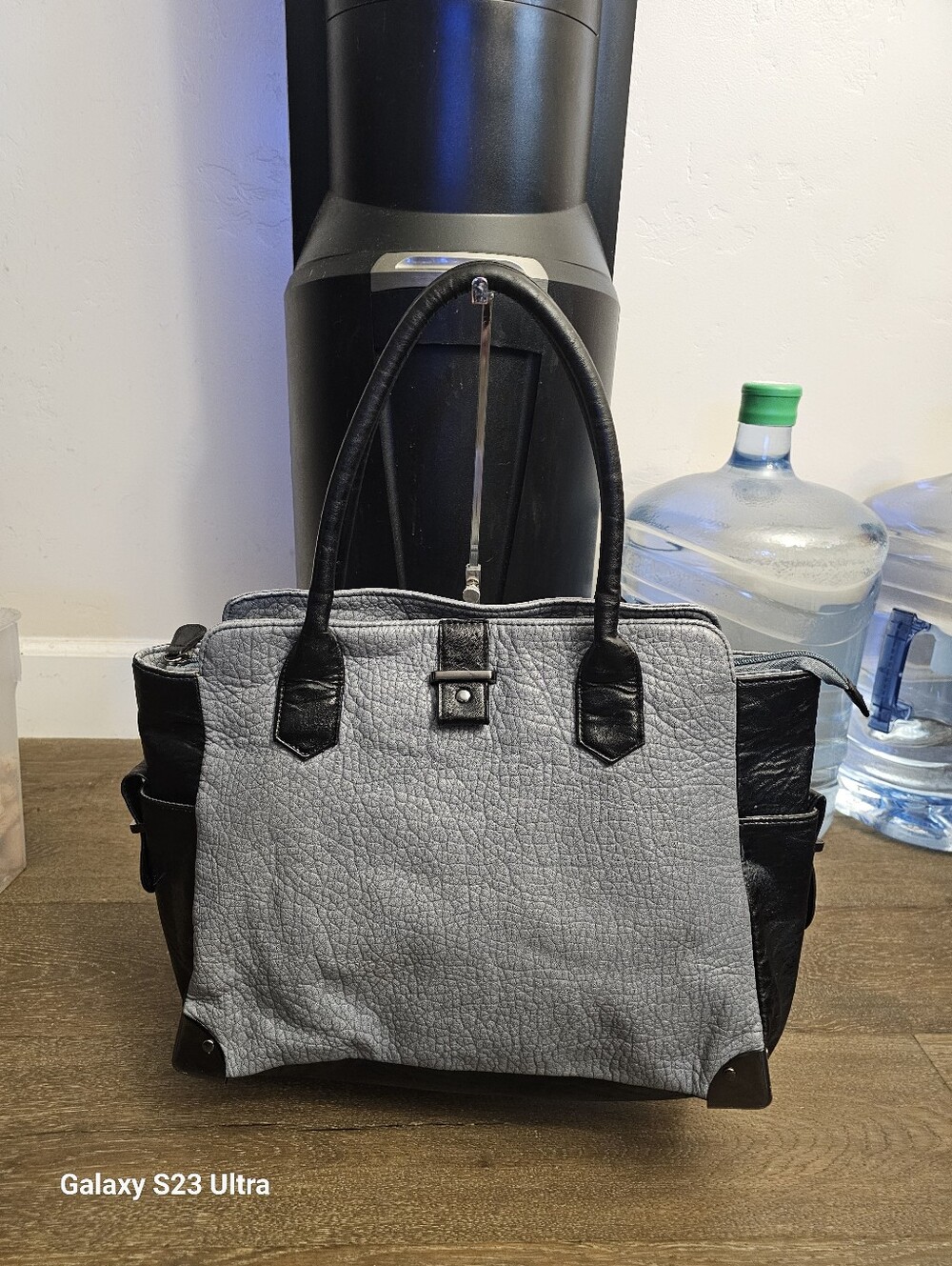 R t J Large Gray and Black Shoulder Bag.